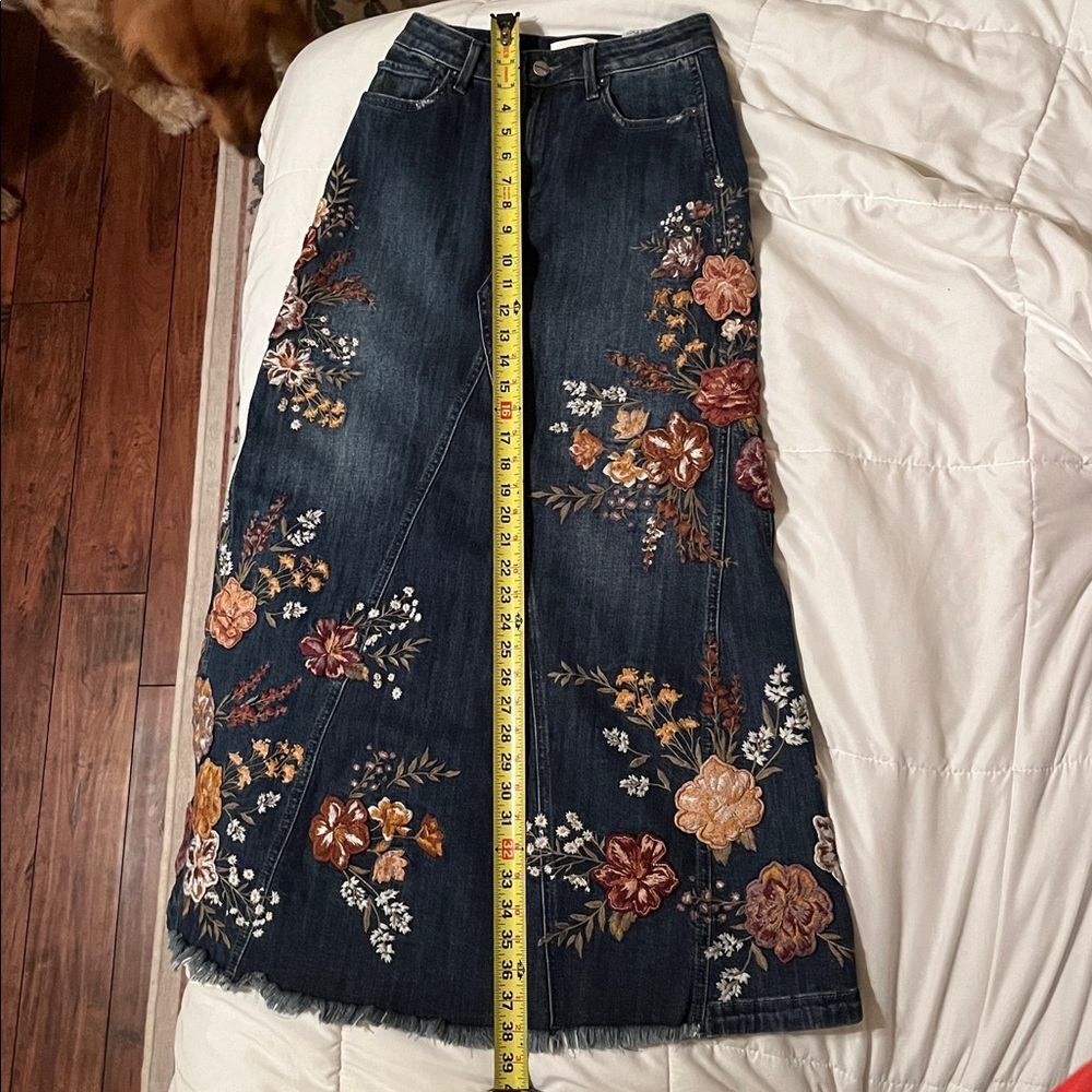 Driftwood Floral Embroidered Blue Jeans Maxi Skirt - Picture 6 of 6